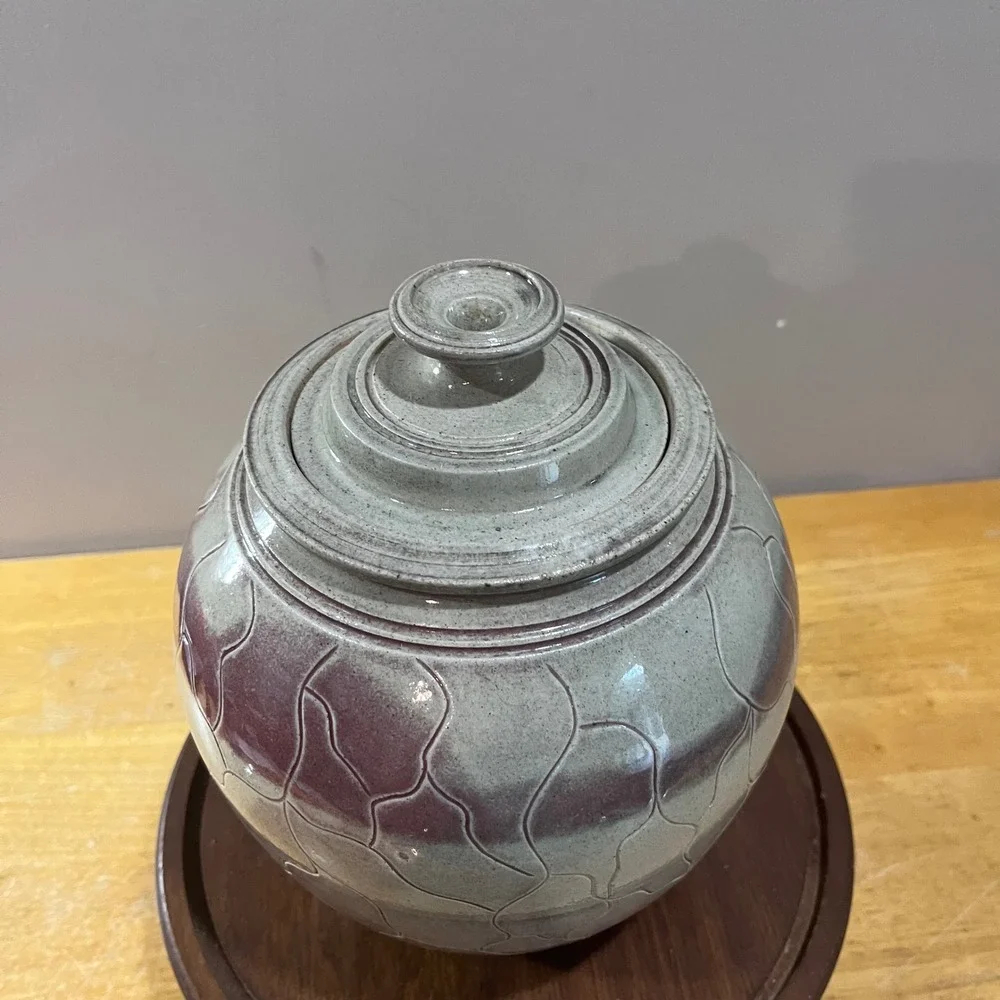 Vtg 1991 Loy Carpenter Studio Pottery Lidded Ginger Jar Gray Plum Postmodern Art